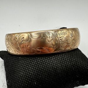 1950s Victorian Revival Etched Floral Gold filled clamper cuff bracelet, FMCO!